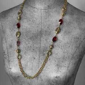 necklace gold tone chain link faux red jewels costume fashion jewelry chunky
